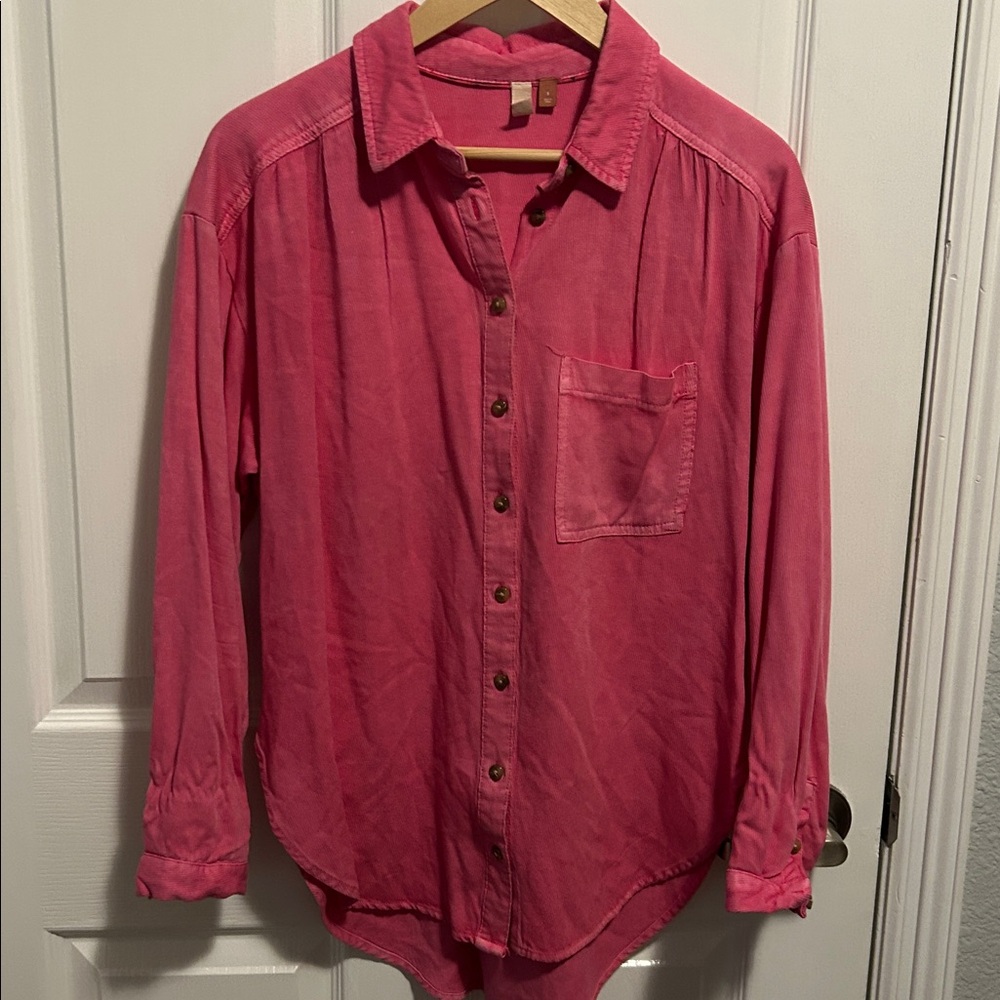 Pilcro Anthropologie pink lightweight corduroy button Front soft small